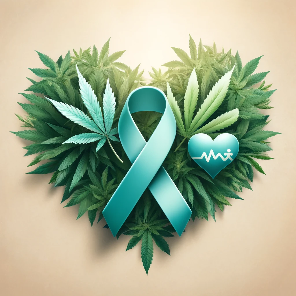 DALL·E 2024 05 02 14.24.12 A symbolic representation of World Ovarian Cancer Day and CBD incorporating a teal ribbon the symbol for ovarian cancer awareness intertwined with